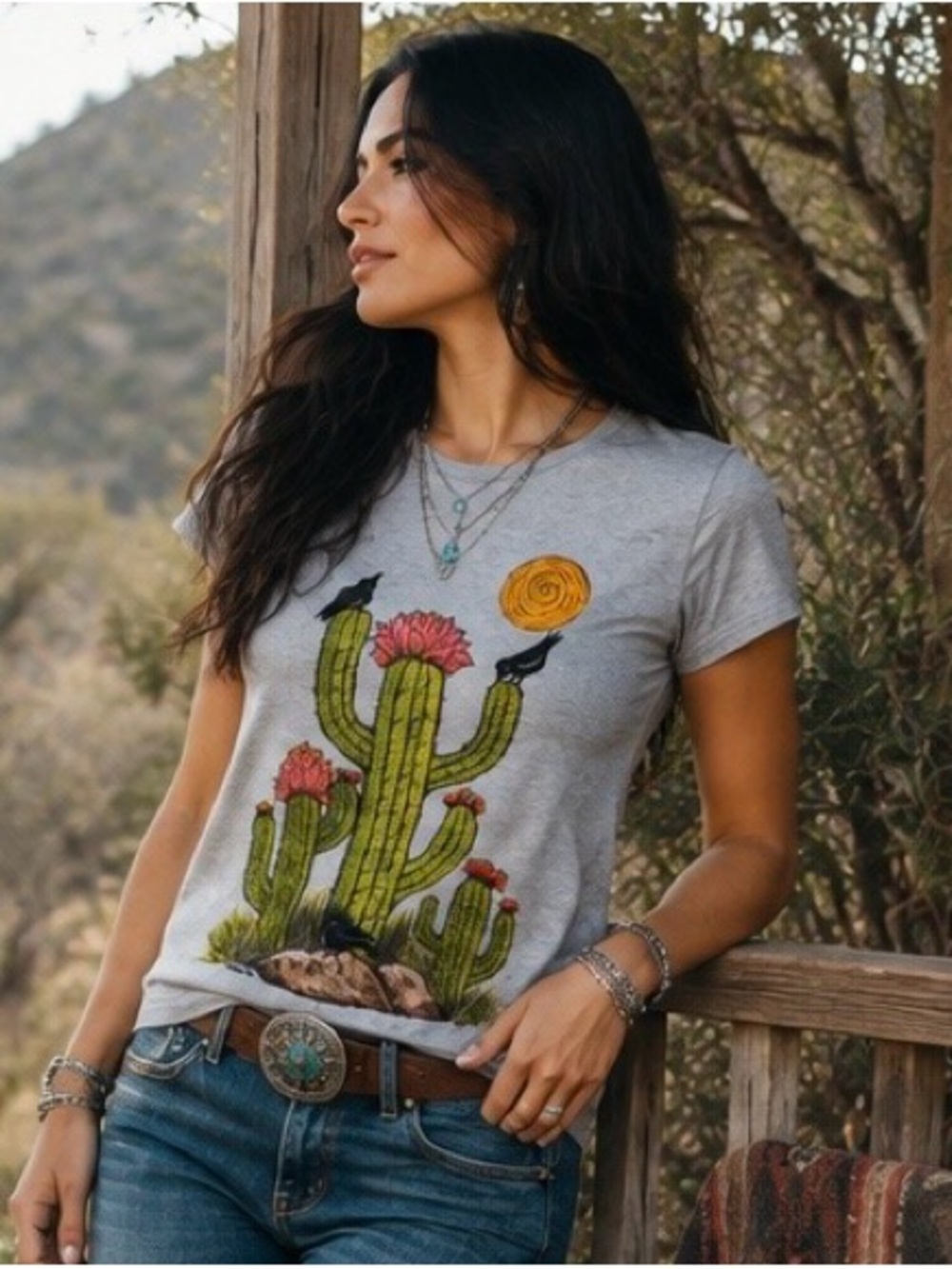 Ellos Upcycled Cactus Art Tee Original Charlisa French Drawing & Painting 18/20